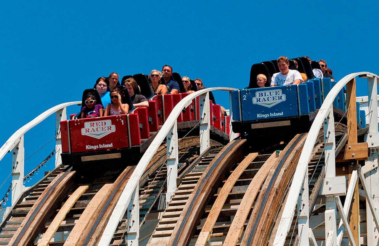 The Racer
This twin wooden roller coaster features one red and one blue car. Both move forward (except for from 1982 to 2008, when one went backward) and literally do race. Helbig &#151; who has ridden the coaster more than 12,000 times &#151; says no one knows which car will win each time.
Photo: Provided by Kings Island