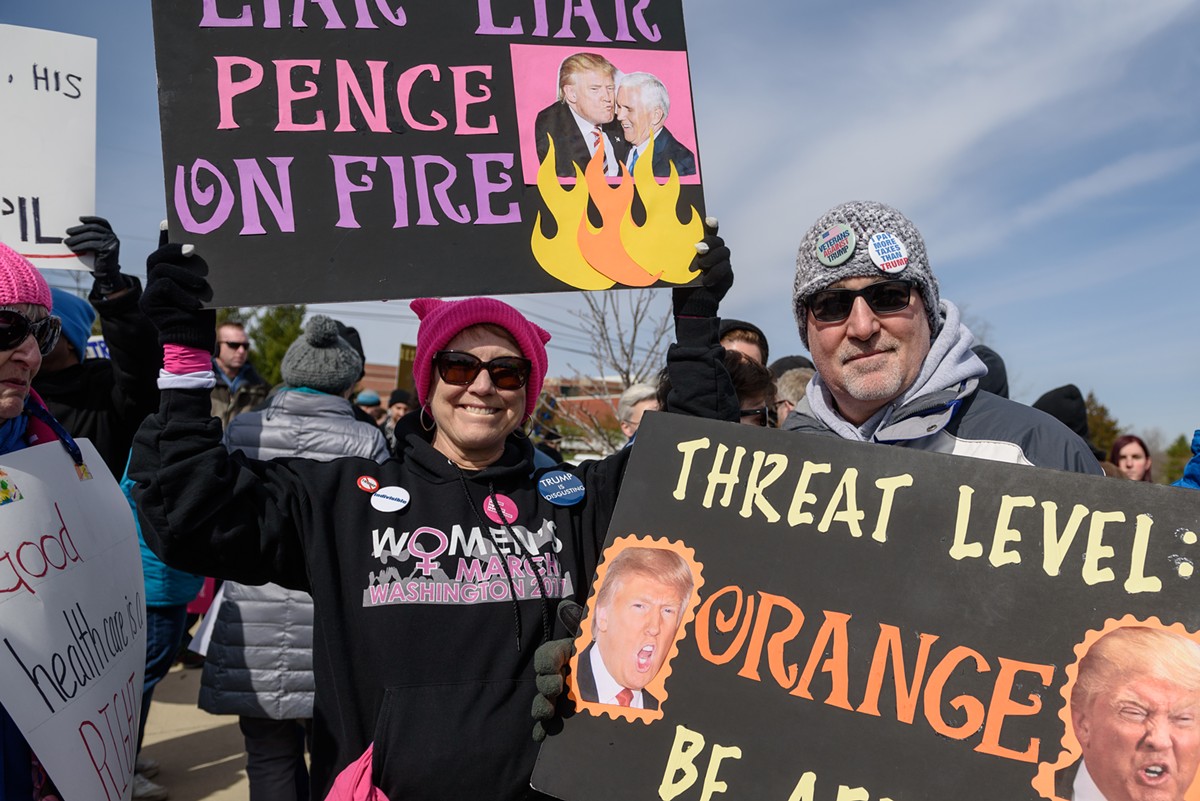 ?"Fear is my biggest motivator, outrage a second,? said Lori Dresner, a member of Indivisible Kentucky, describing her feelings as she and husband David Dresner held their signs. ?"And in the big picture, a loss of democracy as this authoritarian government makes headway.?"