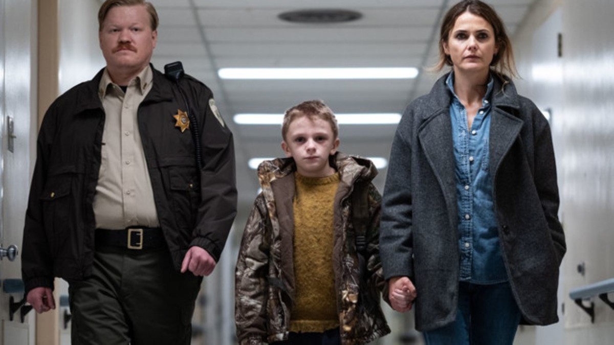 Sheriff Paul (Jesse Plemons, left), Lucas (Jeremy T. Thomas) and Julia (Keri Russell) have no idea yet of the horrors that await them all in "Antlers"