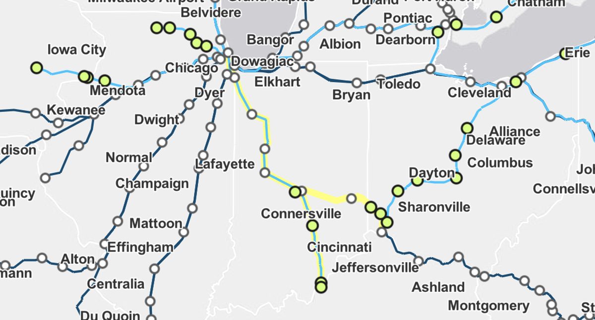 What a proposed Amtrak route from Louisville to Chicago could look like.