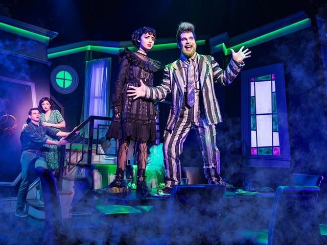 Will Burton (Adam), Megan McGinnis (Barbara), Isabella Esler (Lydia) and Justin Collette (Beetlejuice) in the touring production of “Beetlejuice” the musical. Photo by Matthew Murphy. Courtesy PNC Broadway in Louisville.