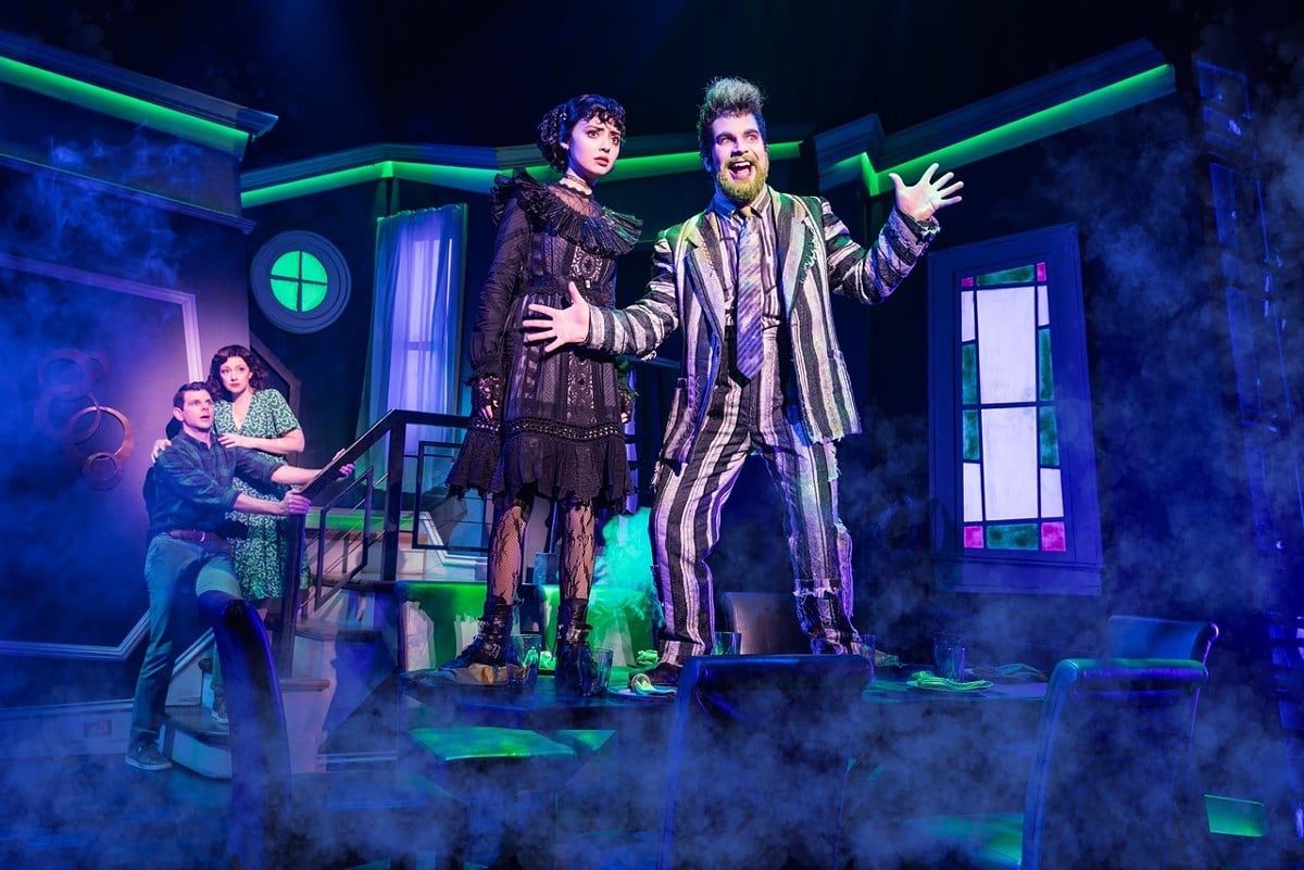 Will Burton (Adam), Megan McGinnis (Barbara), Isabella Esler (Lydia) and Justin Collette (Beetlejuice) in the touring production of “Beetlejuice” the musical. Photo by Matthew Murphy. Courtesy PNC Broadway in Louisville.