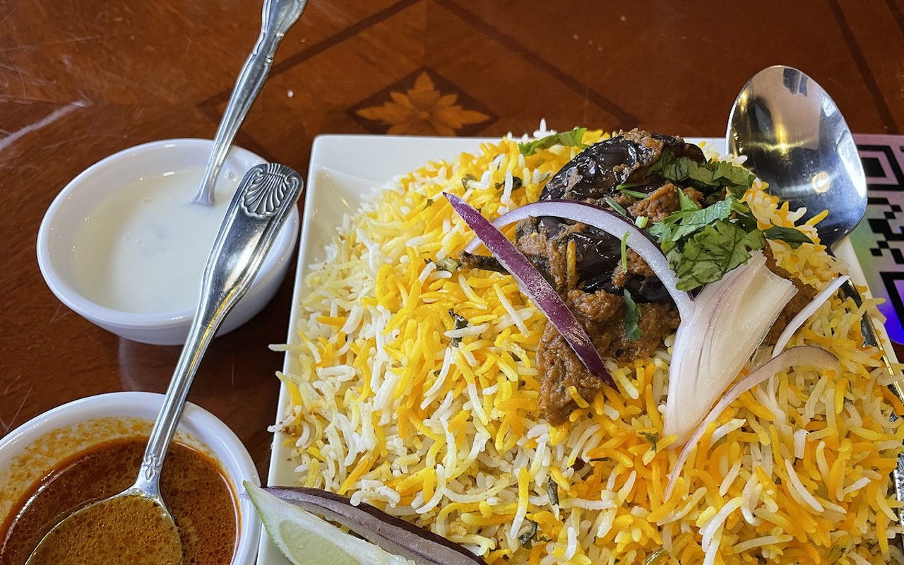 Biryani, India's trademark rice dish, is a weekend special at Hyderabad House, and it draws crowds with its oversize portions and memorable flavors.