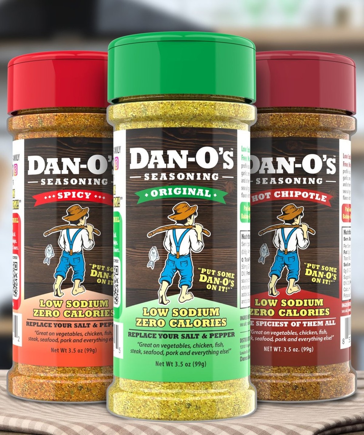 All Three flavors of Dan-O's Seasoning: Original, Spicy, and Hot Chipotle