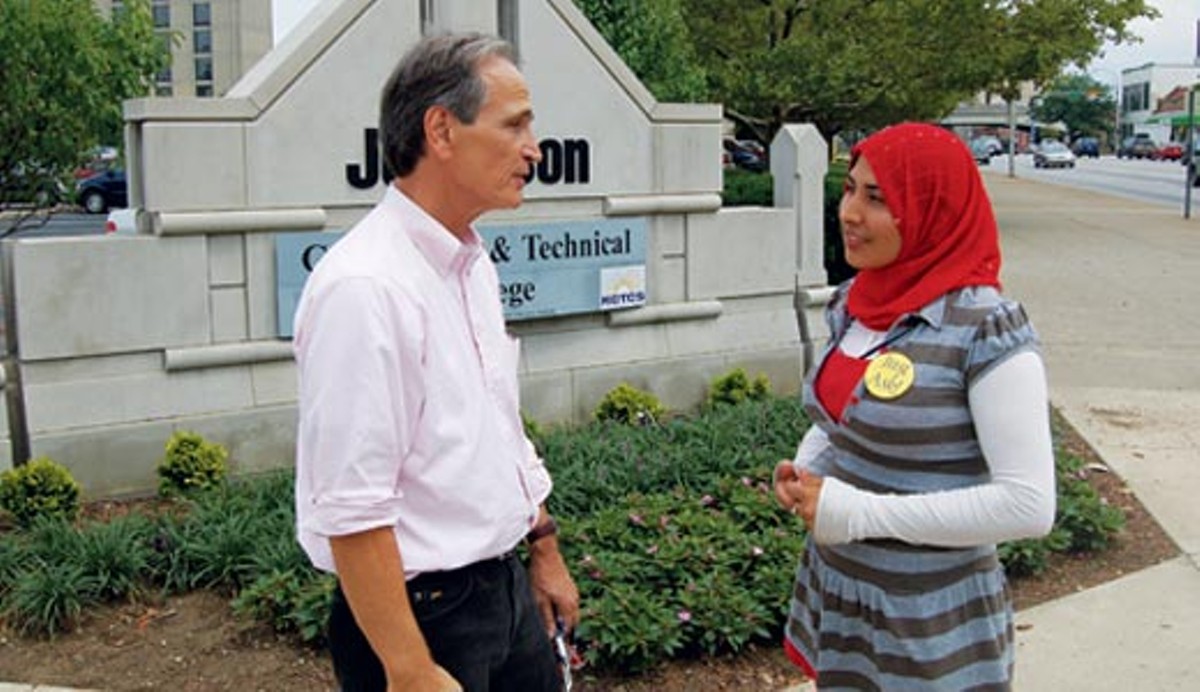 Marc Cummings speaks with Shaminah Paghmani, an ESL student at JCTC.