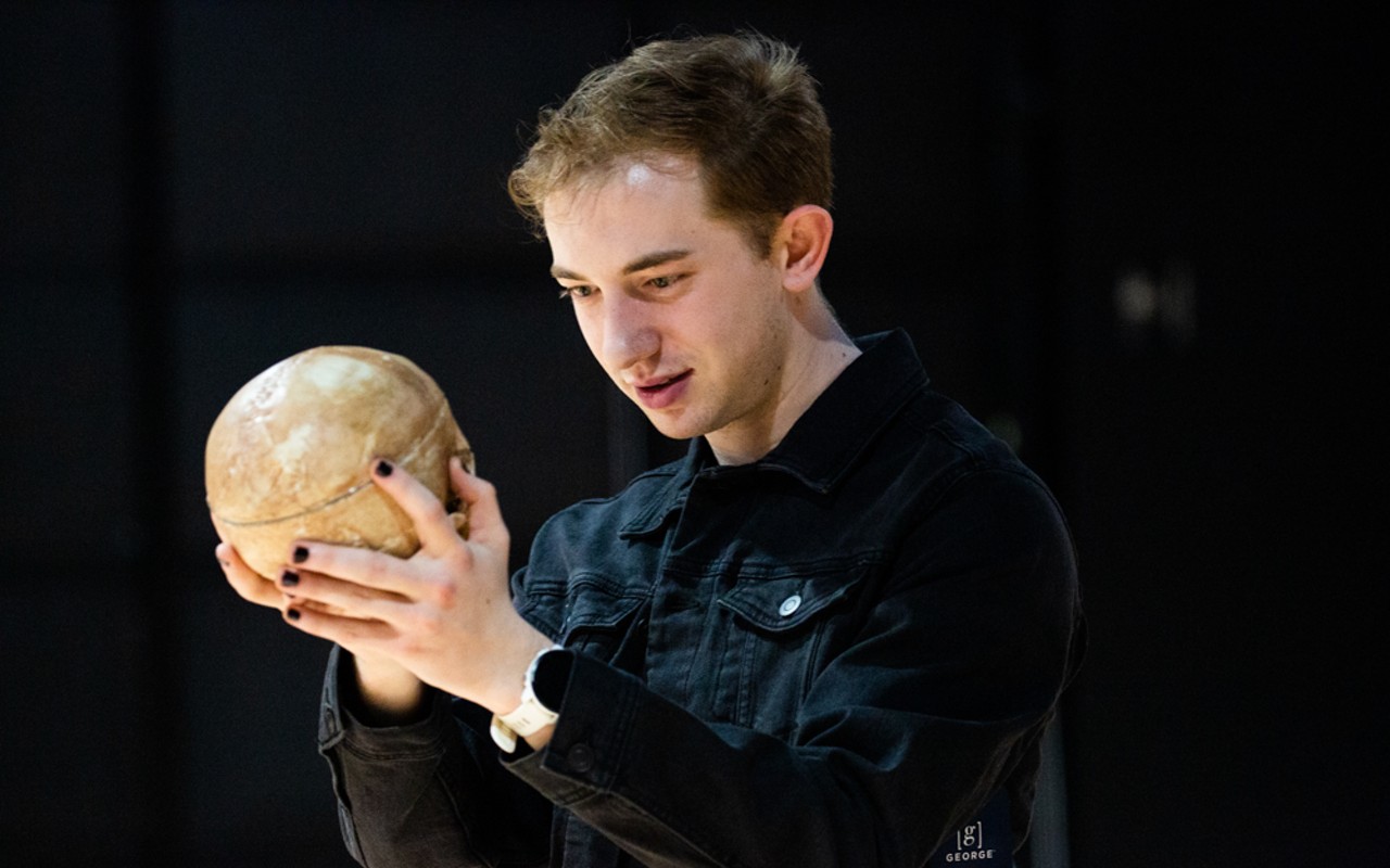 Brennen Amonett (Hamlet) rehearses on Wednesday, March 1, at Kentucky Shakespeare's rehearsal studio in Old Louisville.