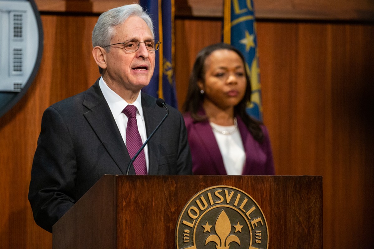 U.S. Attorney General Merrick Garland speaks at a press conference announcing the findings of the Department of Justice's two-year investigation into the Louisville Metro Police Department at Louisville Metro Hall on March 8, 2023.