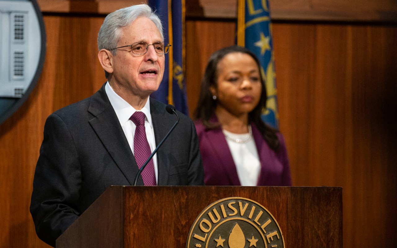 U.S. Attorney General Merrick Garland speaks at a press conference announcing the findings of the Department of Justice's two-year investigation into the Louisville Metro Police Department at Louisville Metro Hall on March 8, 2023.