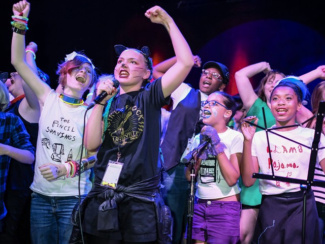 Girls Rock campers, organizers and volunteers take the stage during the final song of the camp's showcase at Headliners.