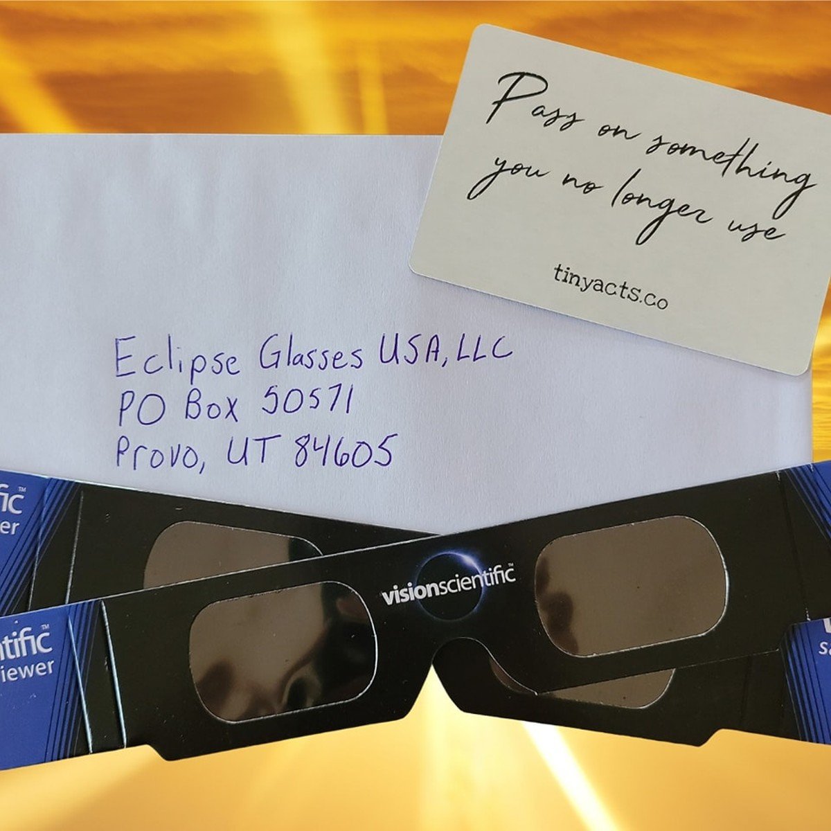 Enjoy the eclipse? Send on your sunglasses for others to enjoy.