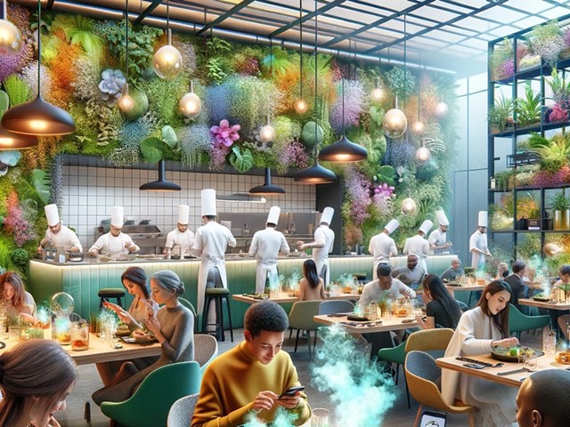Restaurant image created by OpenAI's DALL-E with the intentionally vague prompt "Paint a whimsical image inspired by current restaurant trends."