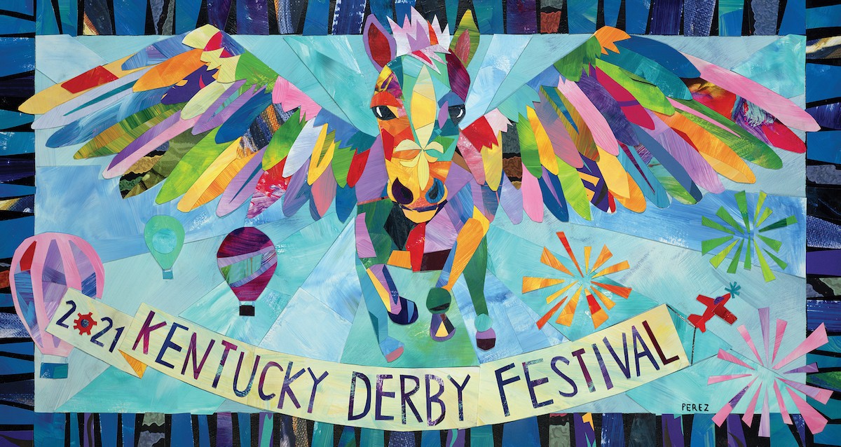 The official Kentucky Derby Festival 2021 poster by collage artist Andy Perez.