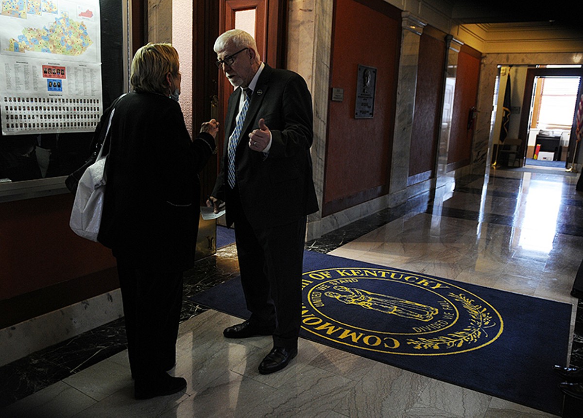 Rep. Danny Bentley (right) speaks with Rep. Mary Lou Marzian on Feb. 23. In response to a floor amendment from Marzian on March 2, Bentley went on a rant about Jewish women.