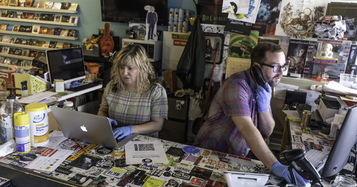 Co-owners Lisa Foster and Travis Searle at Guestroom Records.  |  Photo by Kathryn Harrington.