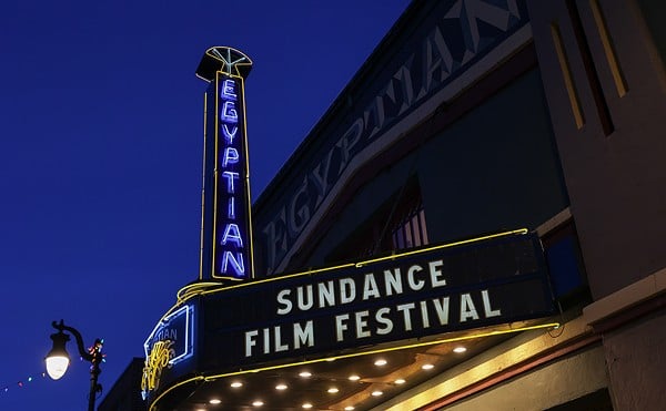Egyptian Theatre marquee on Main Street during the 2024 Sundance Film Festival.