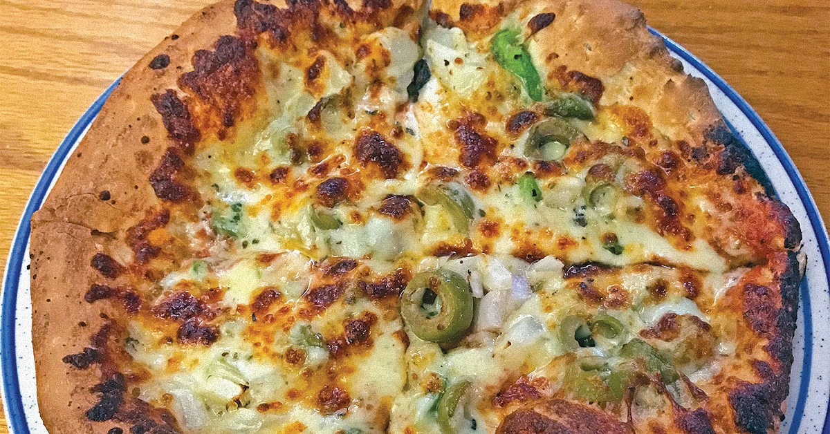 Charlestown PIzza Company's regular pizza with green pepper, onions and green olives.