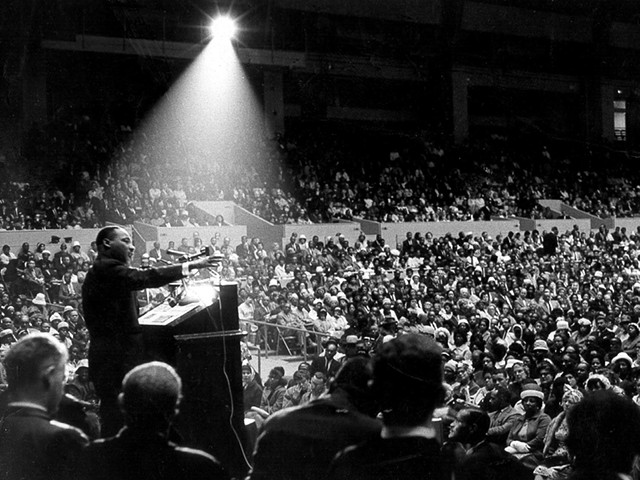 Martin Luther King, Jr. speaking at interfaith civil rights rally, San Francisco Cow Palace, June 30 1964.