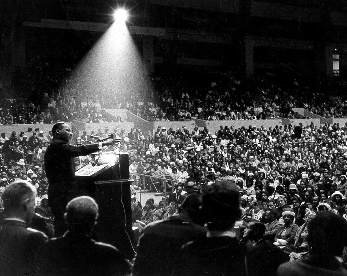 Martin Luther King, Jr. speaking at interfaith civil rights rally, San Francisco Cow Palace, June 30 1964.