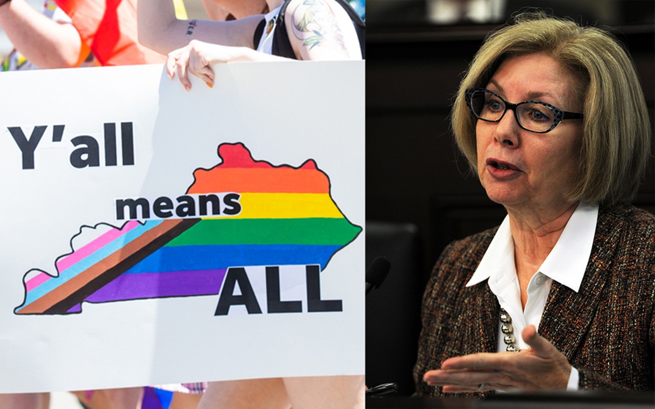 Left: A poster at the 2022 Kentuckiana Pride Parade and Festival; Right: State Rep. Lisa Willner