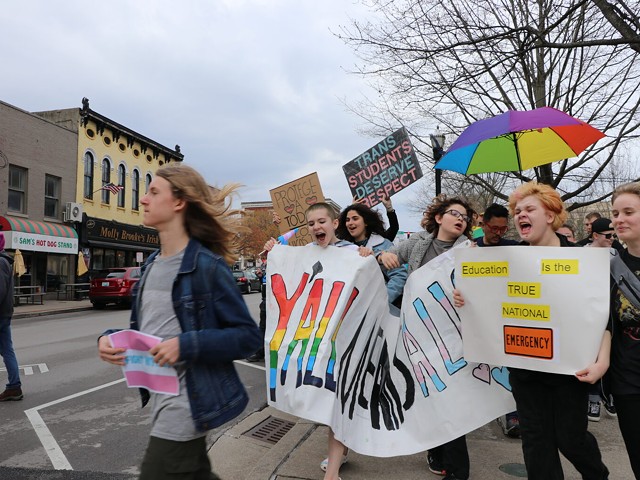 Led by high school students, a march and speeches in downtown Lexington on April 1, 2023 called for protecting the rights of trans people. (Kentucky Lantern photo by Mariah Kendell)