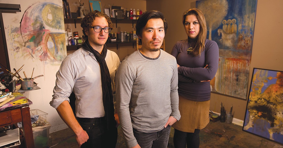 from left to right: Teddy Abrams, Sebastian Chang, and Vian Sora. In Vian's art studio in Louisville, KY