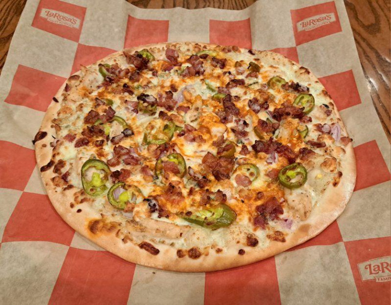  LaRosa's Pizzeria 
10641 Fischer Park Dr. 
Buffalo Bleu Cheese Pizza
Created especially for Pizza Week, this pizza features ranch dressing, hot wing sauce, onions, jalape&ntilde;os, chicken, provolone, blue cheese crumble and bacon.
