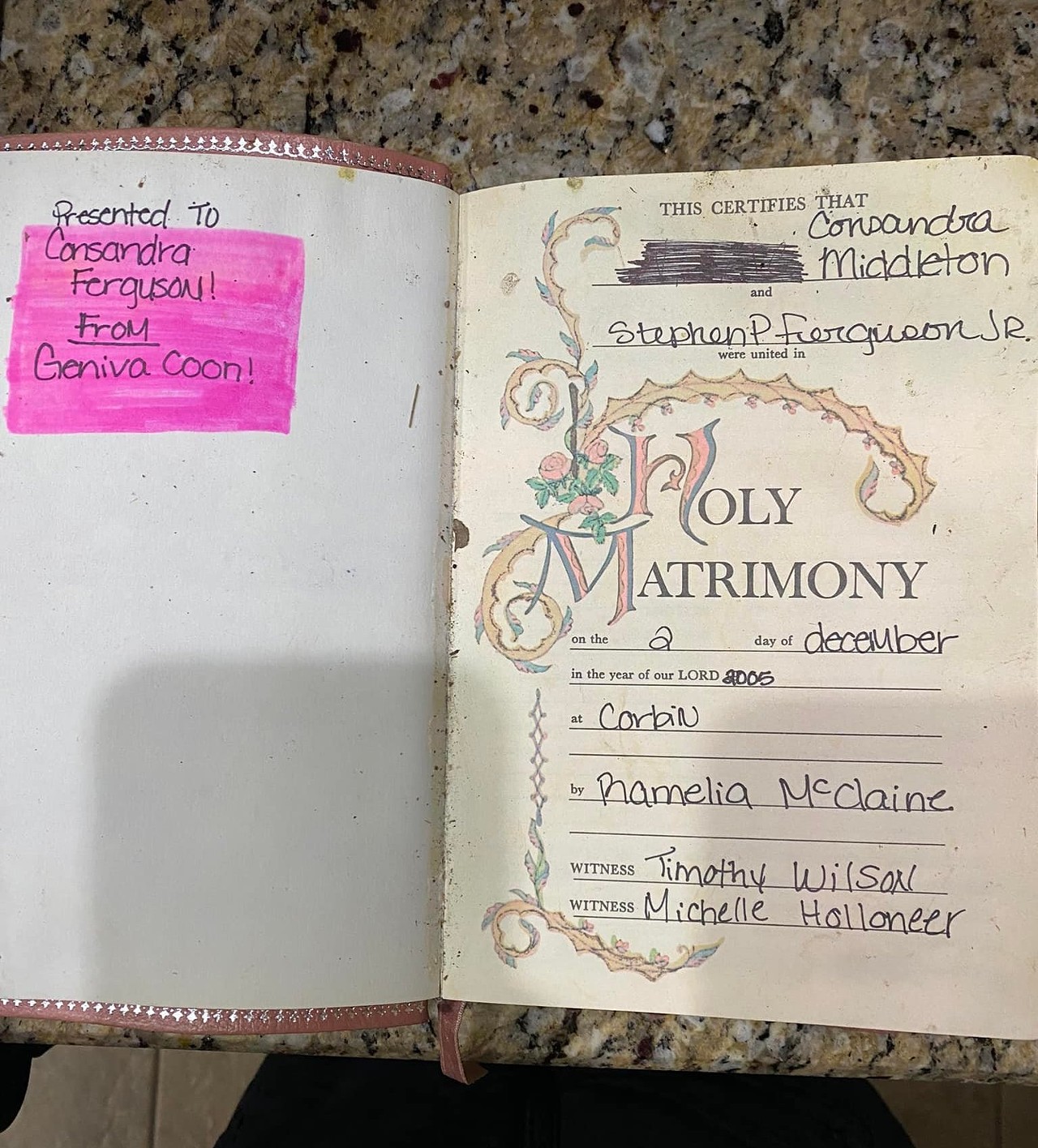 Found in Bremen, Kentucky
A pink Bible with a marriage certificate. No owner found yet. &#147;Feel free to message me and I&#146;d be glad to return them to their rightful owners.&#148;
Photo via Jessica Wellman