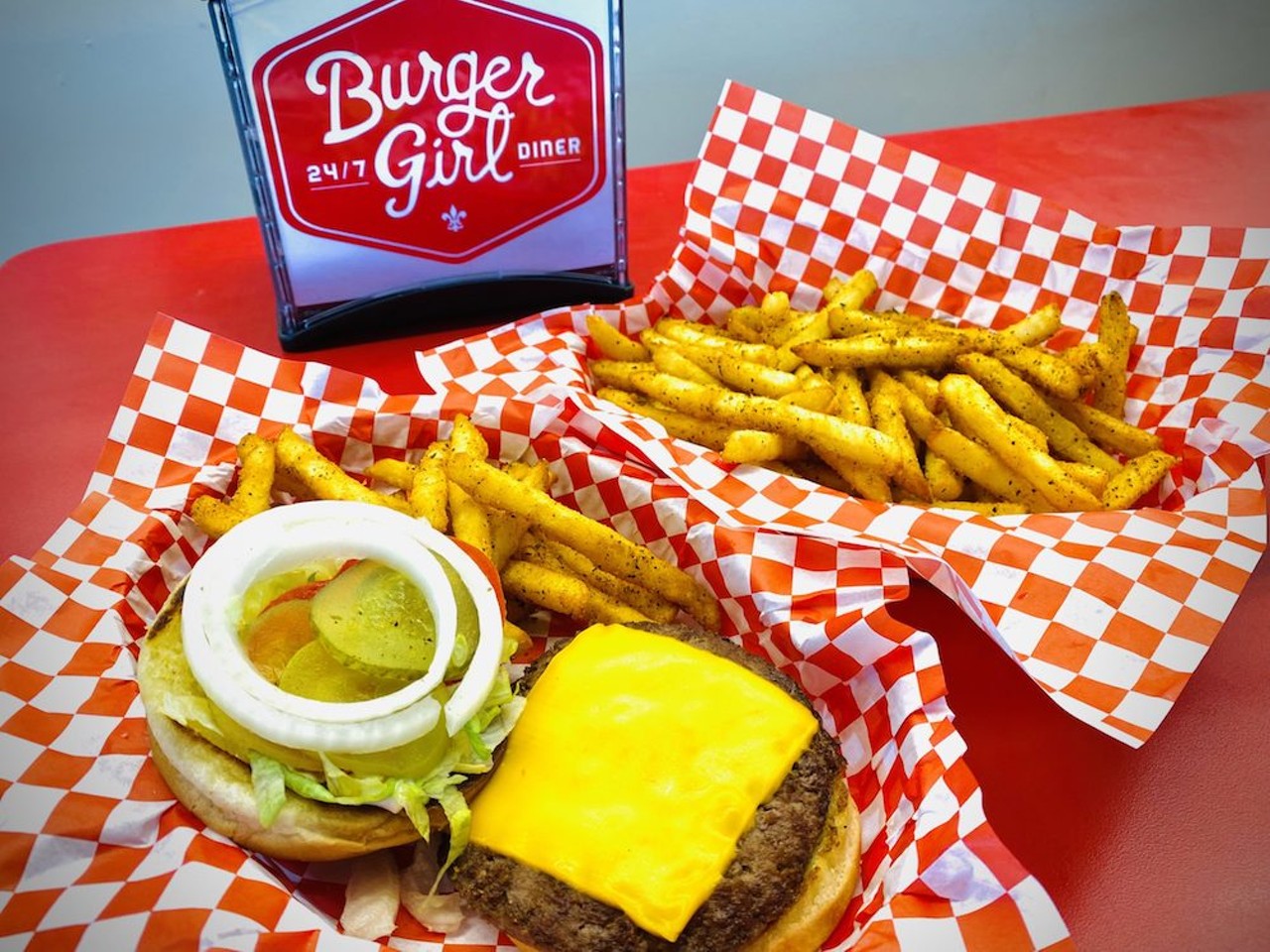 Burger Boy Diner
Burger Boy Burger
Our signature fresh quarter pound 80/20 black angus patty, with your choice of cheese, fully dressed to your liking, with special sauce, on a toasted honey bun. Served with a small order of our perfectly seasoned fries.
