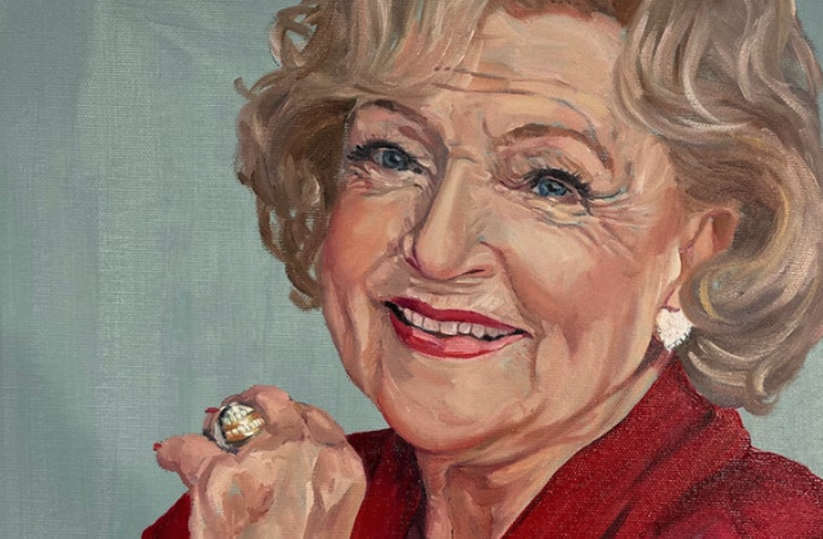 A detail of a painting of Betty White by Susan Howe at Revelry.