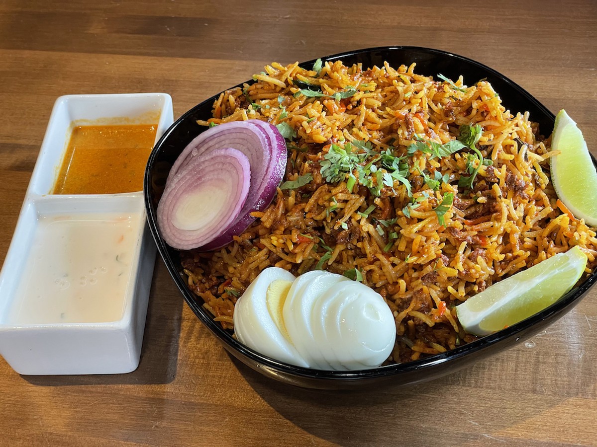 Goat biryani, a feature on the summer specials menu, offers a huge quantity of rice and minced goat meat so spicy that even heat level "1" sets your face on fire. In a good way.