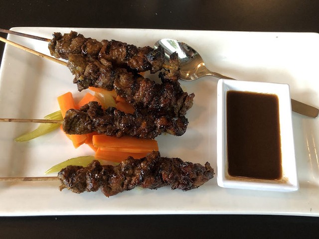 August Moon&#146;s Grilled Indocine lemongrass and five-spice beef satay. |  Photo by Robin Garr.