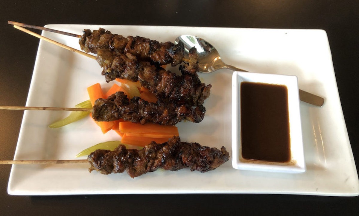 August Moon&#146;s Grilled Indocine lemongrass and five-spice beef satay. |  Photo by Robin Garr.