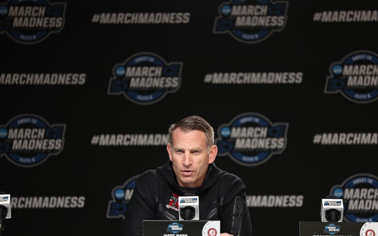 Head Coach Nate Oats speaks to the media in the Alabama men's basketball team's locker room at the KFC Yum! Center on March 23, 2023.