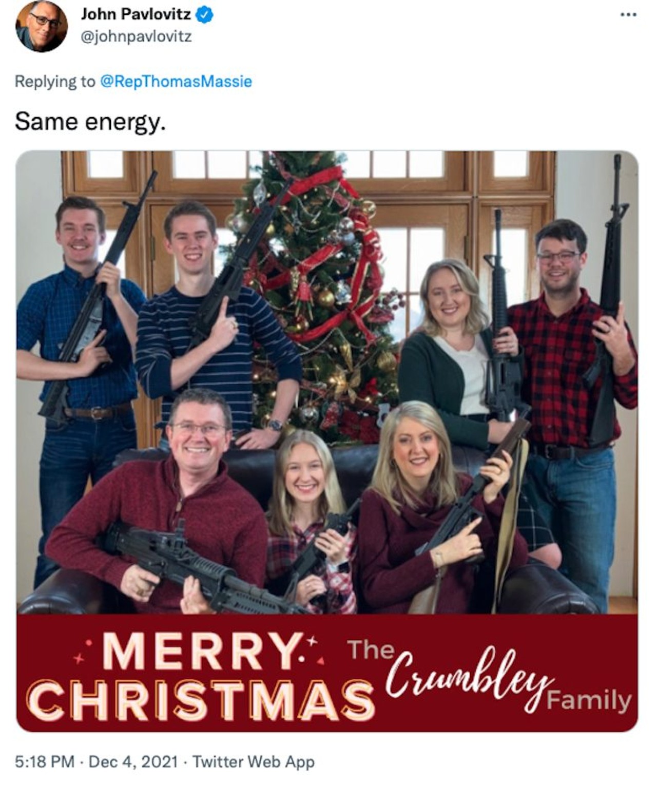 Twitter Reacts To Thomas Massie's Gun Glorifying Christmas Tweet