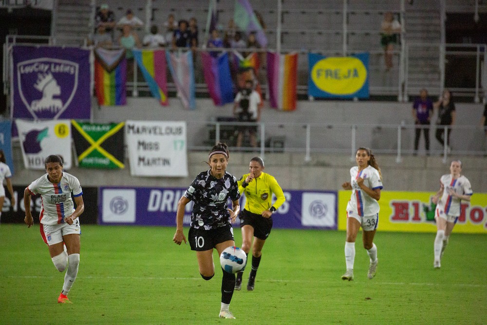 Nadia Nadim charges downfield during an Aug. 2 home game against Seattle&#146;s OL Reign. Photo by Carolyn Brown. - Carolyn Brown