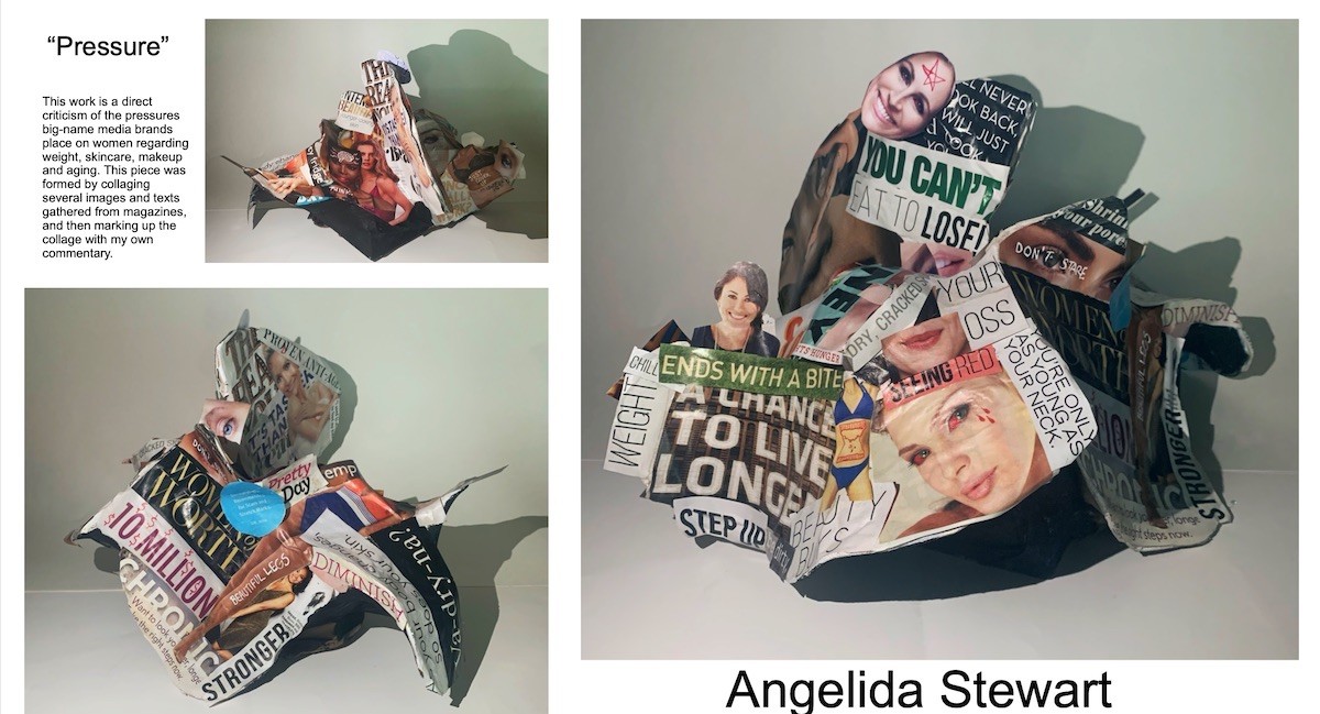 &#147;Pressure,&#148; collapsed magazine pages. Kentucky Governor&#146;s School for the Arts visual art student Angelida Stewart created this 3-D collage to reflect the pressures the media exert on women regarding appearance. Courtesy Kentucky Performing Arts.