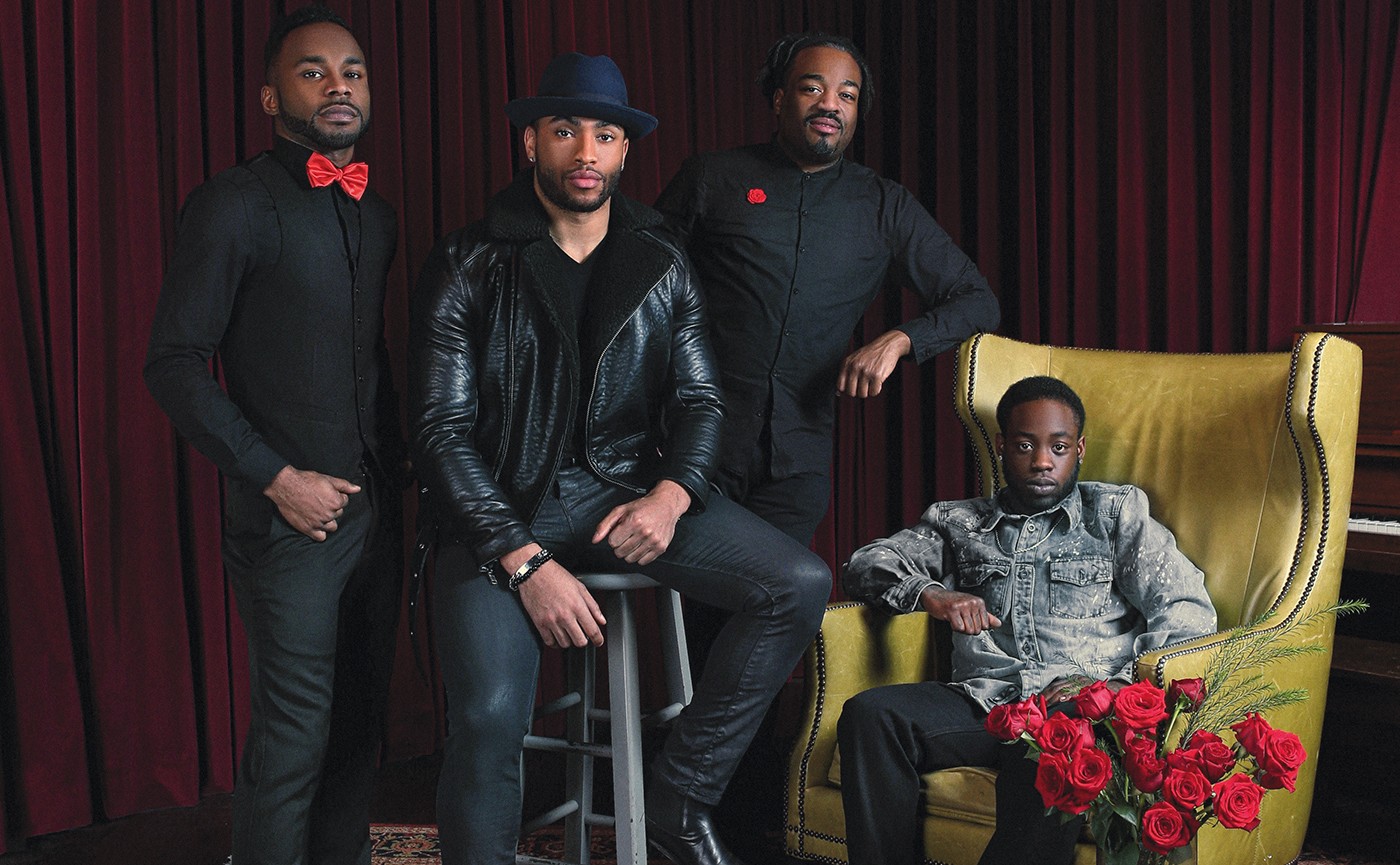 Shawn &#147;Shawnee&#148; Roberts, Koree Antonio, Jaison Gardner and Mykel Mickens, members and supporters of LouisVogue, which will be performing at Rainbows & Roses. Roses provided by Boston&#146;s Floral Couture.