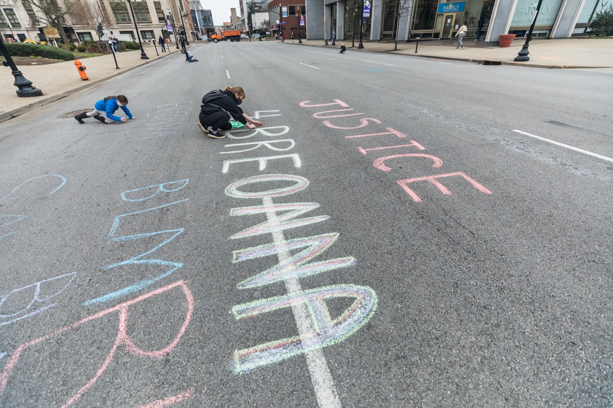 Several children wrote on Jefferson with chalk messages such as Justice for Breonna Taylor, Black Lives Matter and Breeway. - KATHRYN HARRINGTON