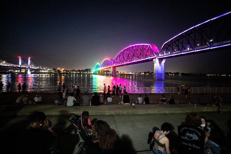 The Big Four Bridge was lit with rainbow colors on Saturday night.