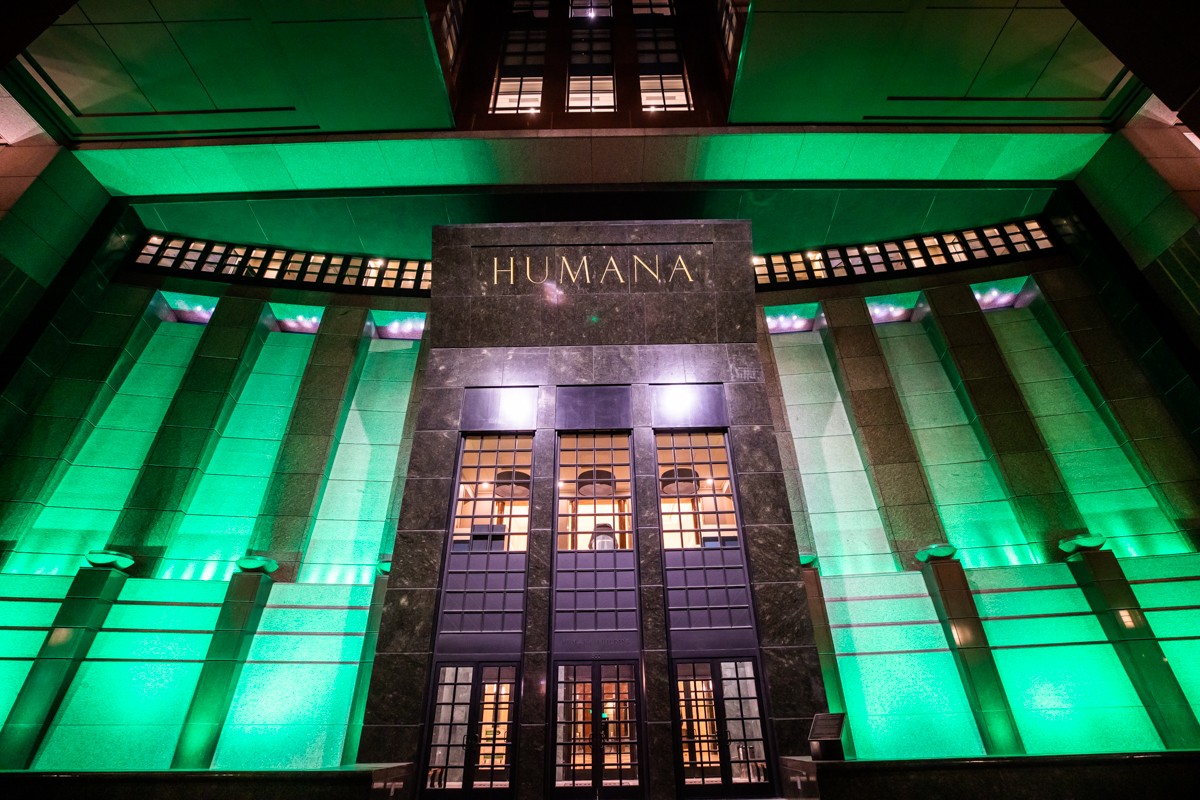Humana is one of the many downtown locations to glow green as a sign of compassion during the coronavirus crisis. - KATHRYN HARRINGTON