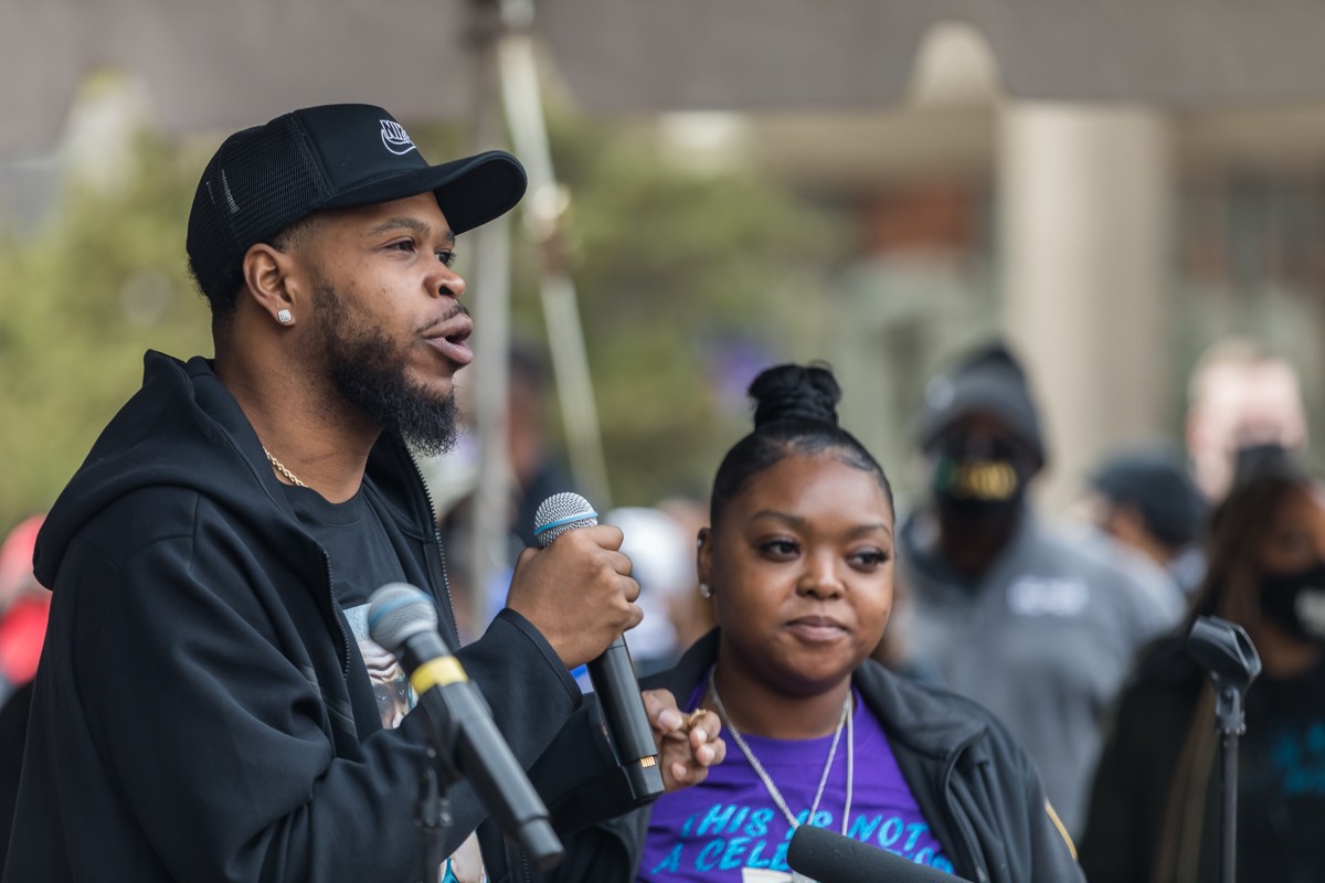 Kenneth Walker, the boyfriend of Breonna Taylor, spoke at the rally on the anniversary of her death. - KATHRYN HARRINGTON