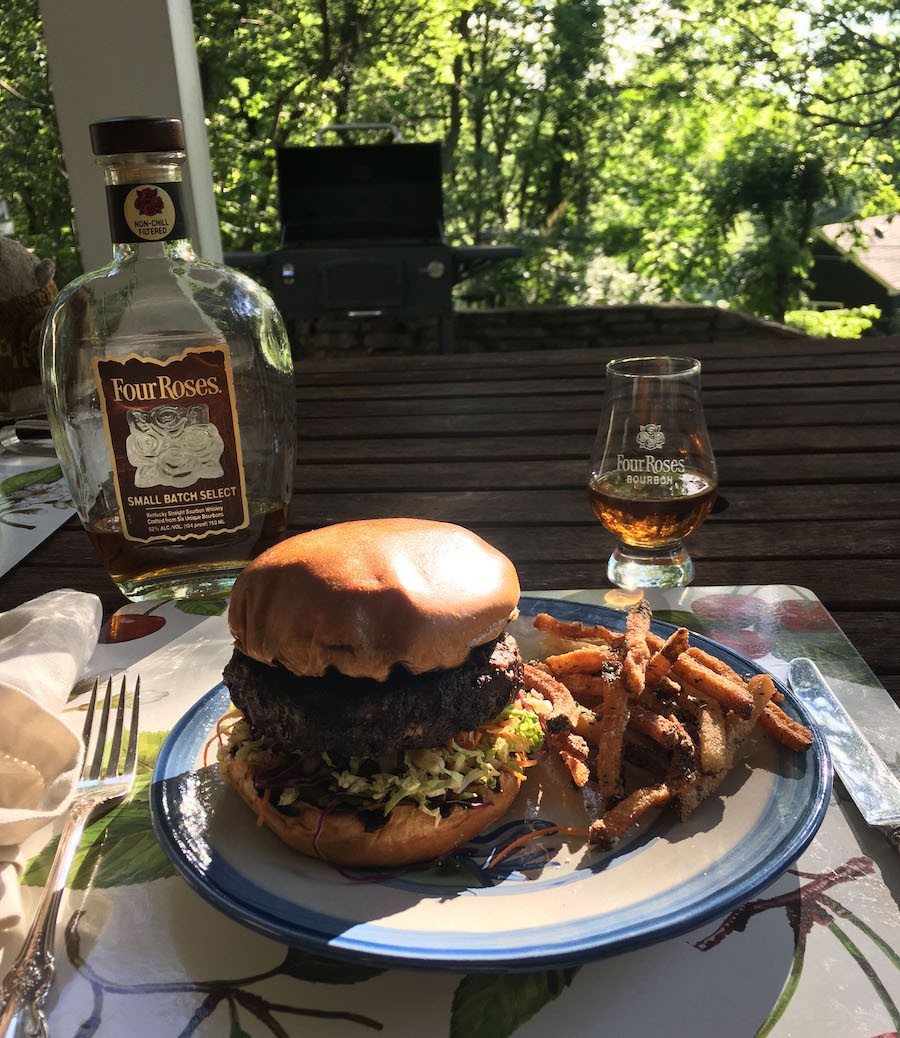 Bourbon&#146;s Burger from Bourbons Bistro with Four Roses, - The Small Batch Select.  |  Photo by Susan Reigler. - Susan Reigler