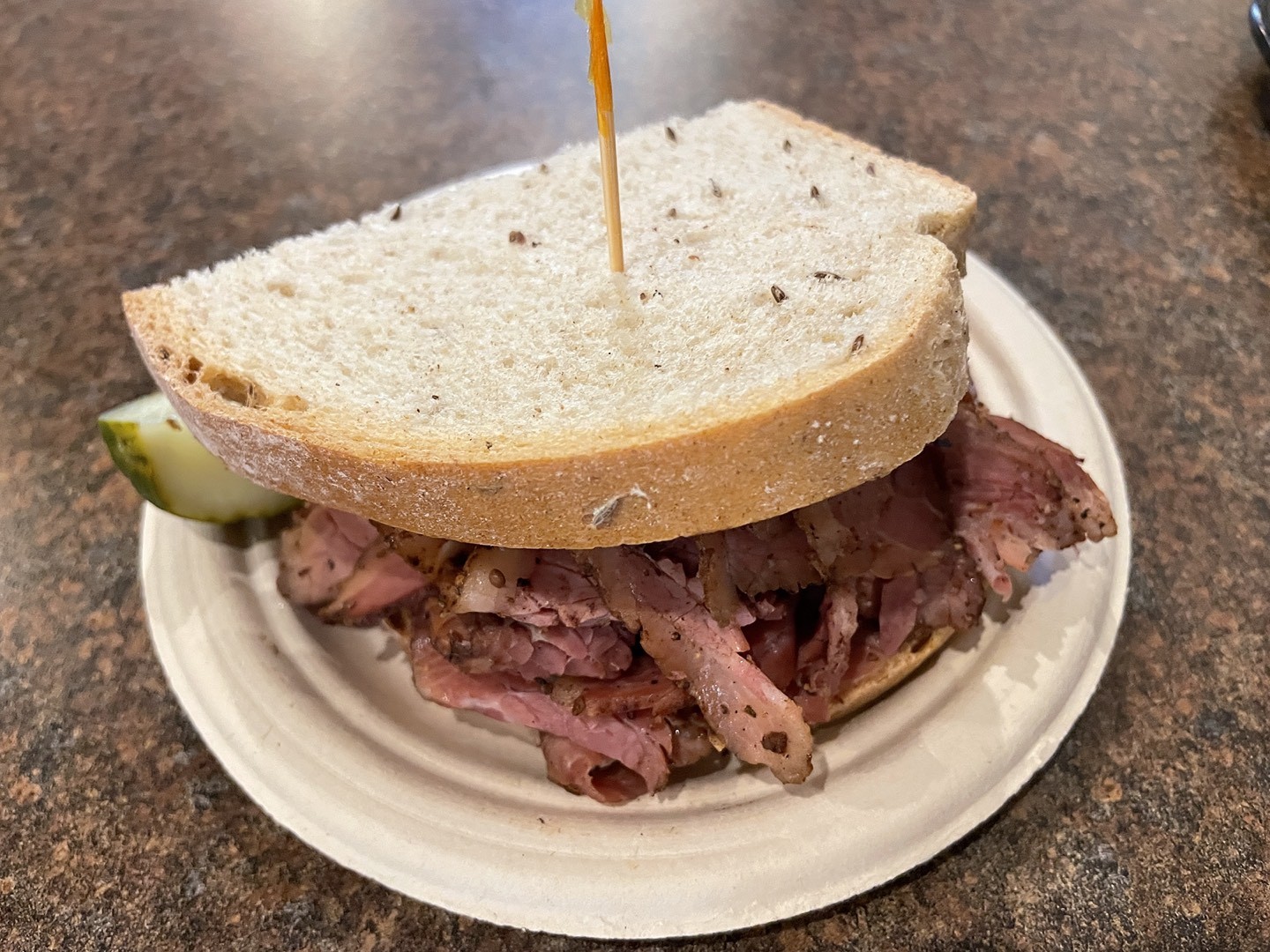 The Woody Allen is a classic New York deli sandwich, peppery beef pastrami on rye bread, both made in-house.