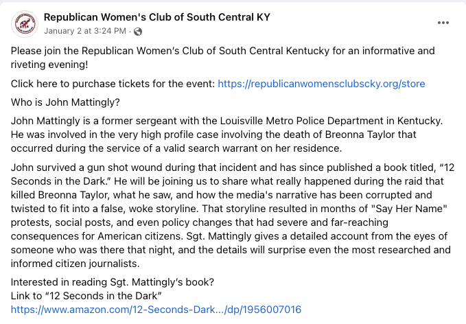 A now-deleted Facebook post by the Republican Women&#146;s Club of South Central Kentucky.