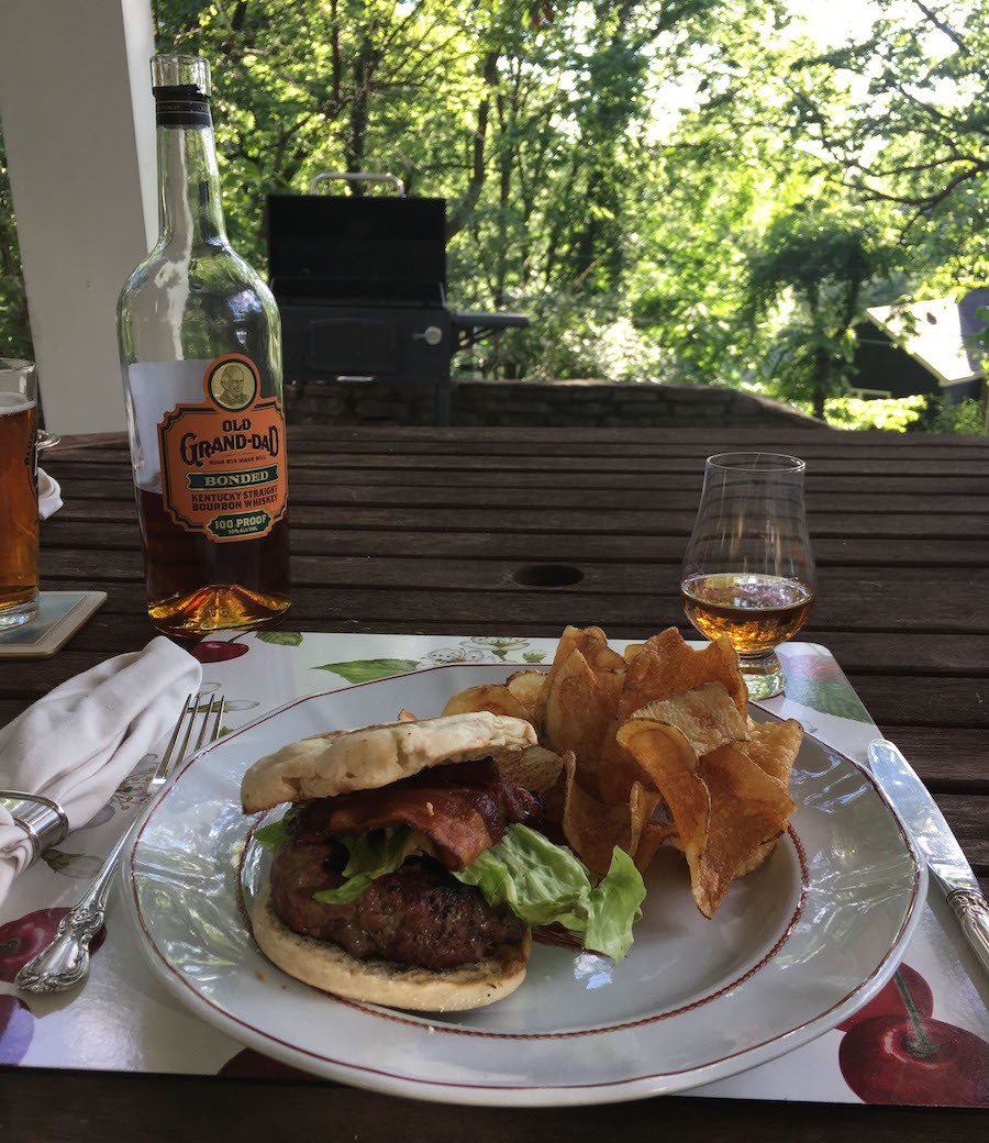 The Uptown Burger from the Uptown Caf&eacute; with Old Grand-Dad Bottled-in-Bond.  |  Photos by Susan Reigler.