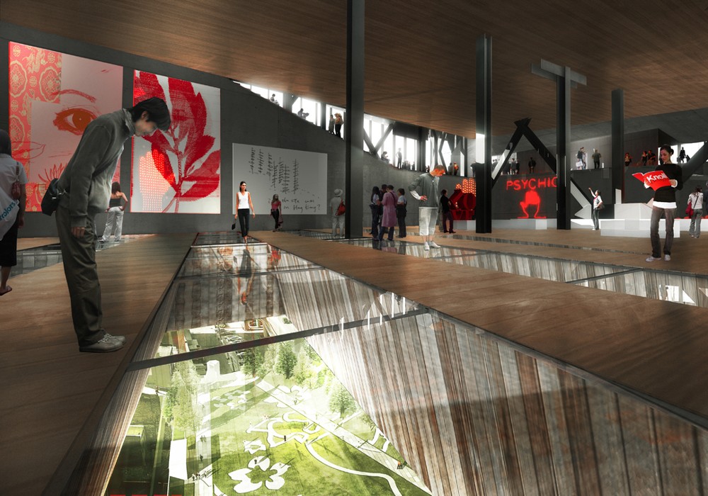 A rendering of part of the gallery space within the Island, showing the glass floor.