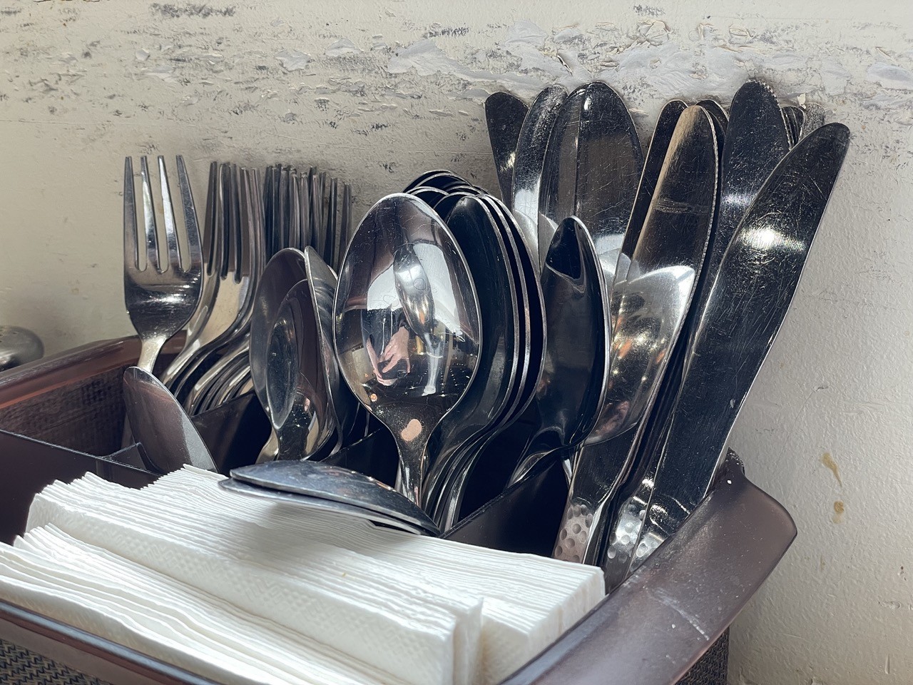 Select your own utensils from a box on the table and ... wait ... how do you get your fork and spoon out without touching the rest? We hope you washed your hands.