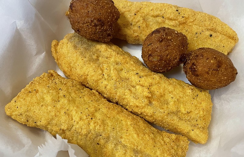 Oddly shaped but perfectly delicious, Sharks' fried cod comes in three crunchy, tubular portions. - Robin Garr