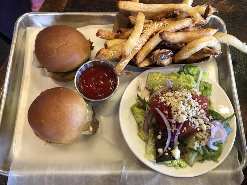 Meatloaf sliders with watermelon salad and Parmesan fries at The Table, Louisville's pay-what-you-can restaurant that welcomes everyone - without regard to their ability to pay in cash. - Robin Garr
