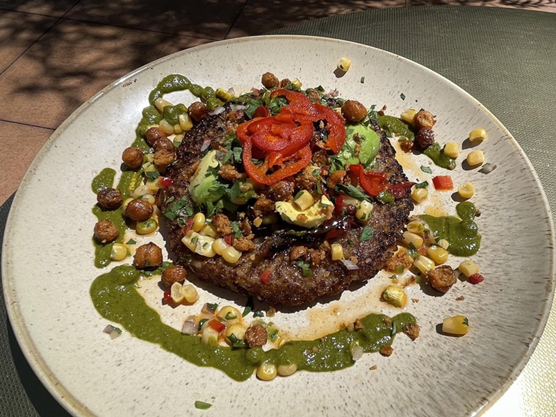 Imagine, if you will, a crisp-edged pancake made with savory risotto and dressed with piquant red pepper rings, avocado, corn kernels, and tangy chimichurri. - Robin Garr